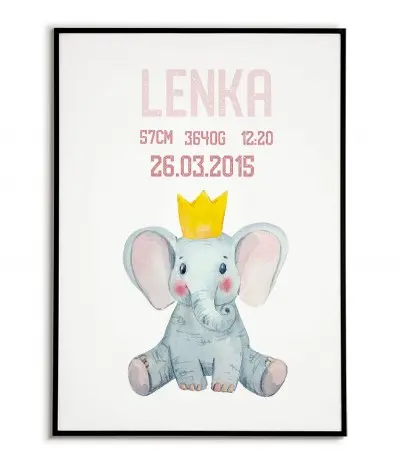 Metryczka dla dziecka z datą narodzin i słodkim słoniem z koroną. Grafika idealna do pokoju dziecka.