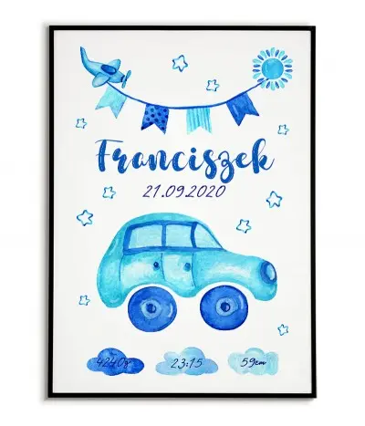 Piękna metryczka narodzin z samochodem. Wykonana w kolorze niebieskim, idealna dla chłopca.