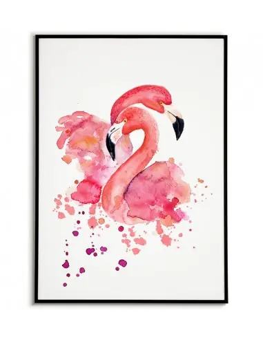 Plakat z dwoma zakochanymi flamingami, plakat wykonany w stylu farb wodnych. Piękna grafika do ramki.