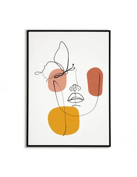 Piękny plakat w stylu Line Art z motywem kobiecej twarzy z motylem i liniami. Abstrakcyjna nowoczesna grafika do ramki.