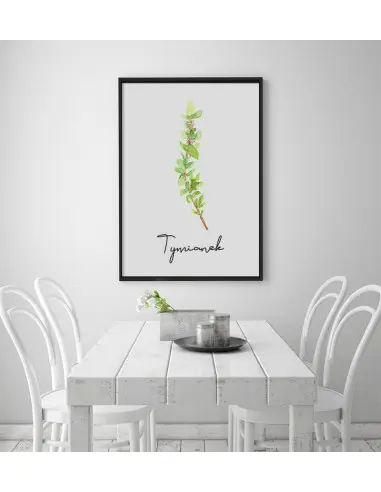 Plakat tymianek, plakat zioła do kuchni. Grafika przedstawiająca tymianek z napisem Plakat tymianek, plakat zioła do kuchni. Grafika przedstawiająca tymianek z napisem