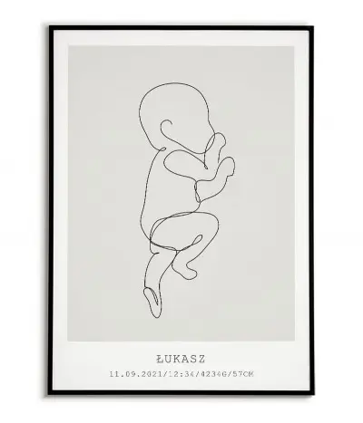 Nowoczesna Metryczka dla dziecka linie. Elegancki plakat z szarym tłem, imieniem dziecka i datą urodzenia.