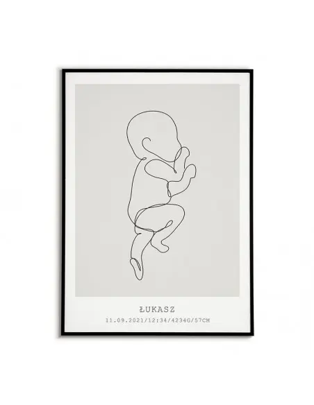 Nowoczesna Metryczka dla dziecka linie. Elegancki plakat z szarym tłem, imieniem dziecka i datą urodzenia.
