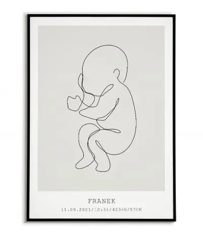 Nowoczesna Metryczka dla dziecka linie. Elegancki plakat z szarym tłem, imieniem dziecka i datą urodzenia.