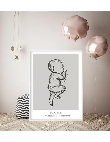 Metryczka dla dziecka linie, szkic. Nowoczesny wzór w nowoczesnym stylu. Plakat dla dziecka z imieniem i datą urodzenia.