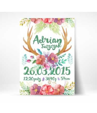 metryczka dla dziecka z okazji narodzin w stylu boho z kwiatami i rogami