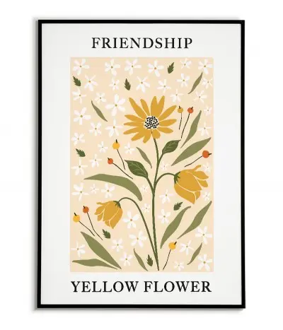 Plakat w stylu Art Deco z nowoczesną grafiką kwiatów oraz z napisem "Friendship, Yellow Flower" (tł. Przyjaźń, Żółty kwiat)
