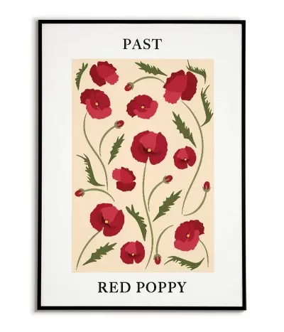 Plakat do ramki w stylu Art Deco z nowoczesną grafiką kwiatów oraz z napisem Past, Red Poppy (Przeszłość, czerwony mak)
