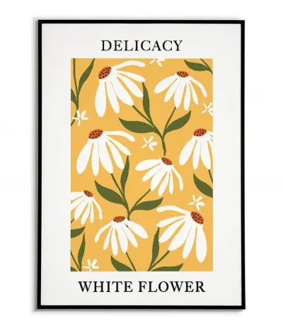 Plakat w stylu Art Deco z nowoczesną grafiką kwiatów oraz z napisem "Delicacy, White Flower" (tł. Delikatność, Biały kwiat)