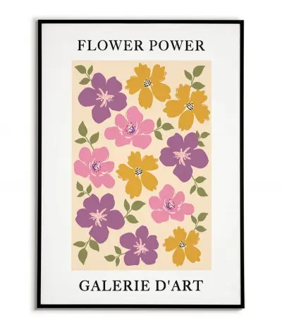Plakat w stylu Art Deco z nowoczesną grafiką kwiatów oraz z napisem "Flower Power, Galerie dart" tł. Moc Kwiatów, Galeria sztuki