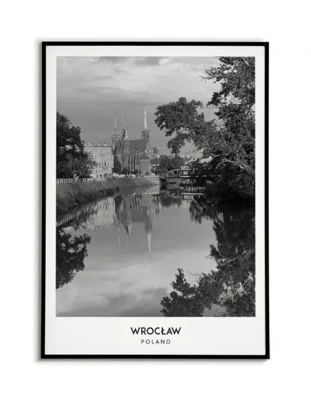 Plakat z miastem Wrocław w Polsce, Grafika na ścianę obraz. czarno biała fotografia na ścianę