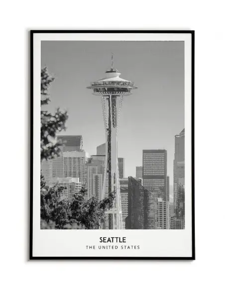 Plakat z miastem Seattle w Stanach Zjednoczonych, Grafika na ścianę obraz. czarno biała fotografia na ścianę