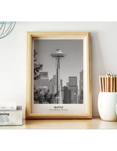 Plakat z miastem Seattle w Stanach Zjednoczonych, Grafika na ścianę obraz. czarno biała fotografia na ścianę Plakat z miastem Seattle w Stanach Zjednoczonych, Grafika na ścianę obraz. czarno biała fotografia na ścianę
