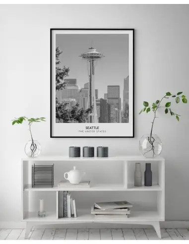 Plakat z miastem Seattle w Stanach Zjednoczonych, Grafika na ścianę obraz. czarno biała fotografia na ścianę Plakat z miastem Seattle w Stanach Zjednoczonych, Grafika na ścianę obraz. czarno biała fotografia na ścianę