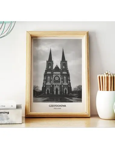 Plakat z miastem Częstochowa w Polsce, Grafika na ścianę obraz. czarno biała fotografia na ścianę Plakat z miastem Częstochowa w Polsce, Grafika na ścianę obraz. czarno biała fotografia na ścianę