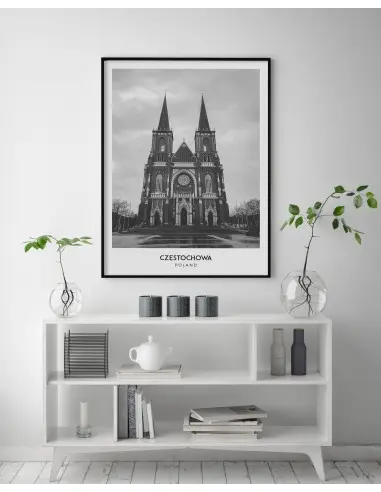 Plakat z miastem Częstochowa w Polsce, Grafika na ścianę obraz. czarno biała fotografia na ścianę Plakat z miastem Częstochowa w Polsce, Grafika na ścianę obraz. czarno biała fotografia na ścianę