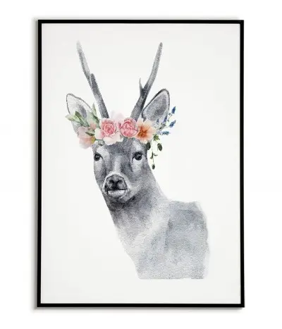 A poster with a deer and a wreath of flowers on his head. Pastel poster with an animal made in a modern Scandinavian style.