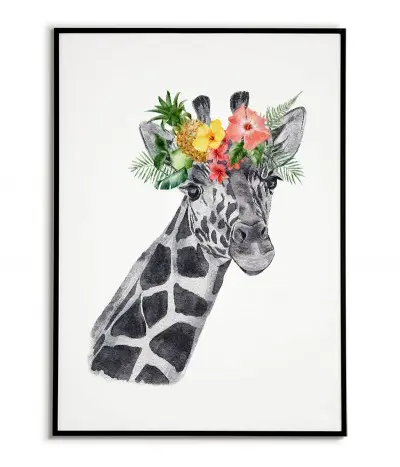 A poster with a giraffe and a wreath of flowers on the head. Pastel poster with an animal made in a modern Scandinavian style.