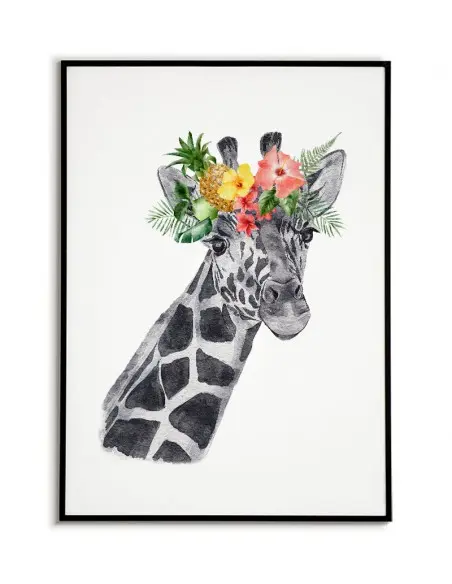 Plakat z żyrafą i wiankiem kwiatów na głowie. Pastelowy plakat ze zwierzęciem wykonany w nowoczesnym stylu skandynawskim.