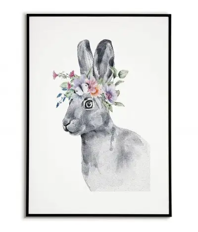 A poster with a rabbit, a hare and a wreath of flowers. Pastel poster with an animal made in a modern Scandinavian style.