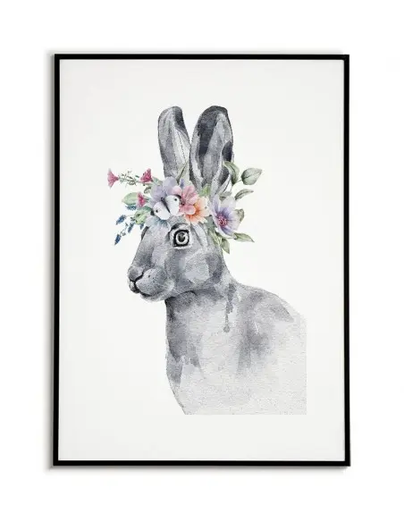 Plakat z królikiem, zającem i wiankiem kwiatów. Pastelowy plakat ze zwierzęciem wykonany w nowoczesnym stylu skandynawskim.