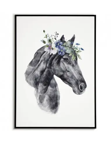 Plakat z koniem i wiankiem kwiatów na głowie. Pastelowy plakat ze zwierzęciem wykonany w nowoczesnym stylu skandynawskim.