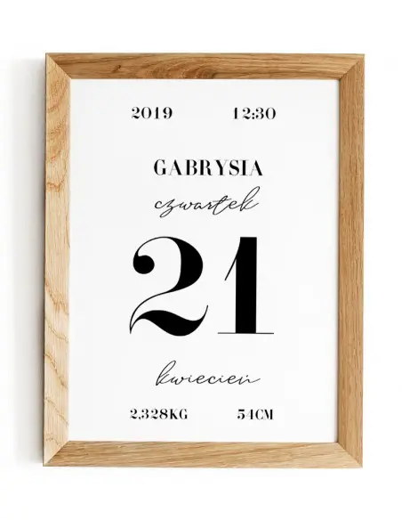 Metryczka, kartka z kalendarza z datą i imieniem dziecka. Grafika do ramki w eleganckim stylu