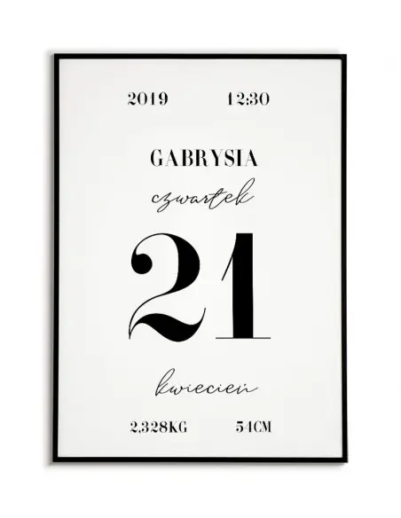 Metryczka, kartka z kalendarza z datą i imieniem dziecka. Grafika do ramki w eleganckim stylu