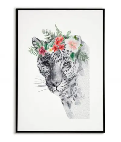 Plakat z lampartem i wiankiem kwiatów na głowie. Pastelowy plakat ze zwierzęciem wykonany w nowoczesnym stylu skandynawskim.