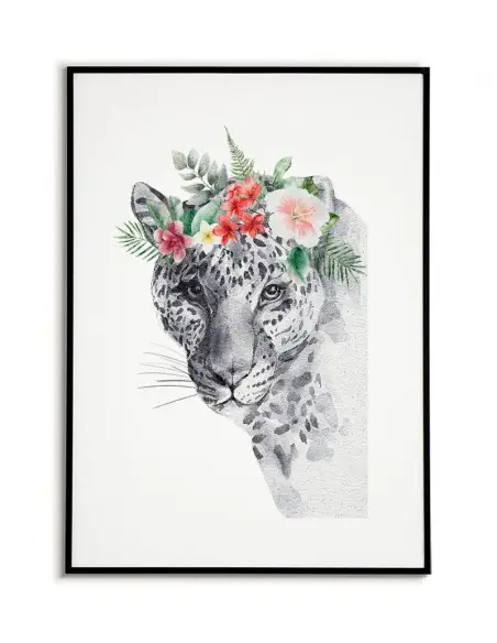Plakat z lampartem i wiankiem kwiatów na głowie. Pastelowy plakat ze zwierzęciem wykonany w nowoczesnym stylu skandynawskim.