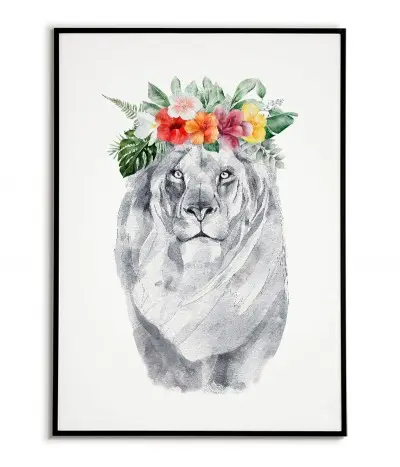 A poster with a Lion and a wreath of flowers on the head. Pastel poster with an animal made in a modern Scandinavian style.