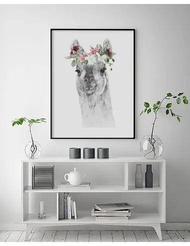 A poster with a Lama and a wreath of flowers on her head. Pastel poster with an animal made in a modern Scandinavian style.