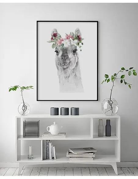 A poster with a Lama and a wreath of flowers on her head. Pastel poster with an animal made in a modern Scandinavian style.