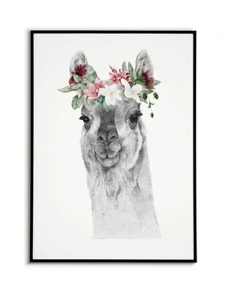 A poster with a Lama and a wreath of flowers on her head. Pastel poster with an animal made in a modern Scandinavian style.