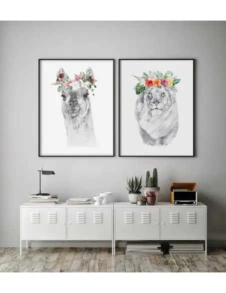 A poster with a Lama and a wreath of flowers on her head. Pastel poster with an animal made in a modern Scandinavian style.