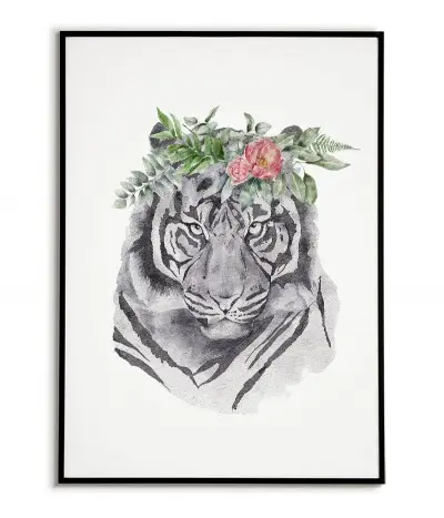 Plakat z Tygrysem i wiankiem kwiatów na głowie. Pastelowy plakat ze zwierzęciem wykonany w nowoczesnym stylu skandynawskim.