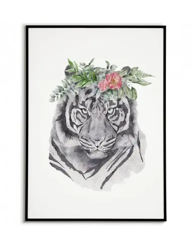 A poster with a tiger and a wreath of flowers on his head. Pastel poster with an animal made in a modern Scandinavian style. A poster with a tiger and a wreath of flowers on his head. Pastel poster with an animal made in a modern Scandinavian style.