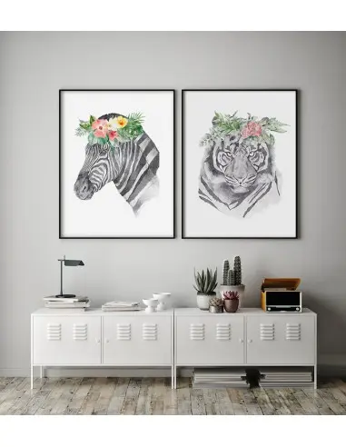 A poster with a tiger and a wreath of flowers on his head. Pastel poster with an animal made in a modern Scandinavian style. A poster with a tiger and a wreath of flowers on his head. Pastel poster with an animal made in a modern Scandinavian style.