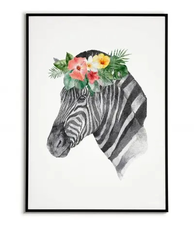 Plakat z Zebrą i wiankiem kwiatów na głowie. Pastelowy plakat ze zwierzęciem wykonany w nowoczesnym stylu skandynawskim.