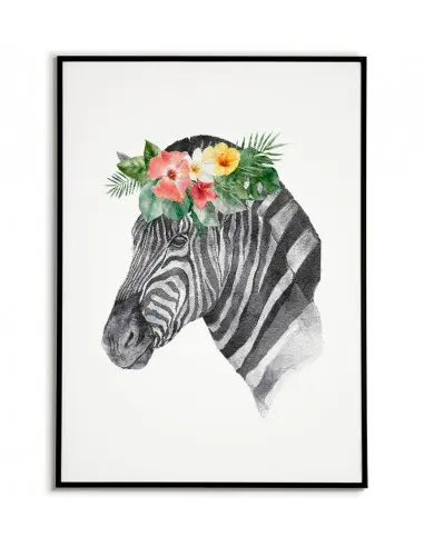A poster with a zebra and a wreath of flowers on the head. Pastel poster with an animal made in a modern Scandinavian style. A poster with a zebra and a wreath of flowers on the head. Pastel poster with an animal made in a modern Scandinavian style.