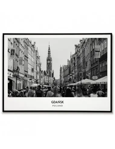 Plakat z miastem Gdańsk w Polsce, Grafika na ścianę obraz. czarno biała fotografia na ścianę