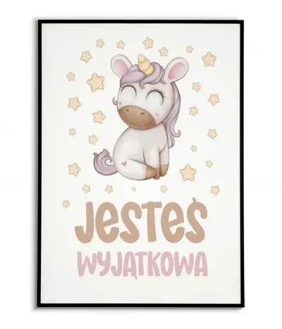 Plakat dla dziewczynki z jednorożcem i napisem - Jesteś wyjątkowa. grafika na ścianę w różowych kolorach.