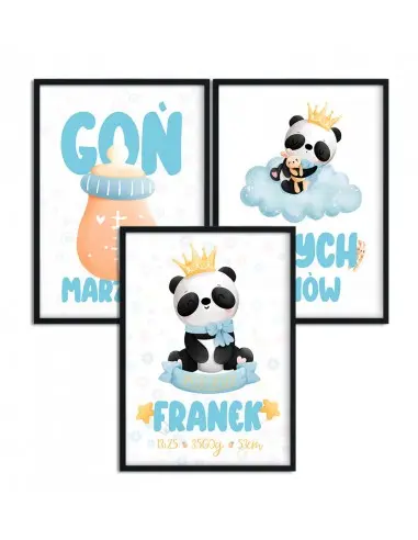 Zestaw, tryptyk trzech plakatów do pokoju dziecka dla chłopca z pandą. Niebieskie kolory na grafice