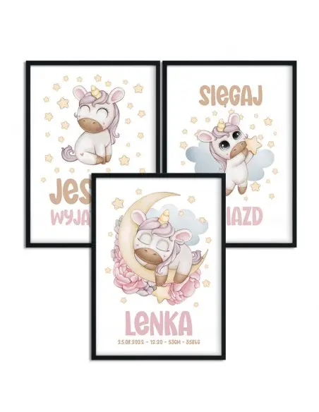Set, a triptych of three posters for a child's room for a girl with a unicorn. Pink colors in the graphics