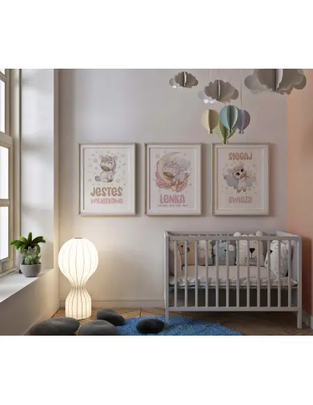Set, a triptych of three posters for a child's room for a girl with a unicorn. Pink colors in the graphics
