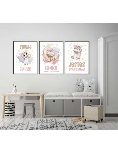 Set, a triptych of three posters for a child's room for a girl with a unicorn. Pink colors in the graphics Set, a triptych of three posters for a child's room for a girl with a unicorn. Pink colors in the graphics
