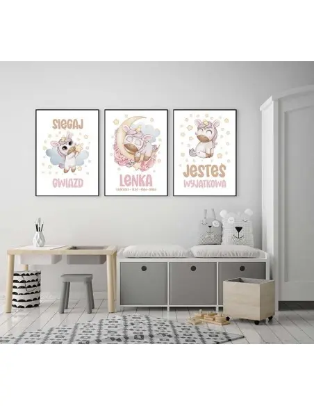 Set, a triptych of three posters for a child's room for a girl with a unicorn. Pink colors in the graphics