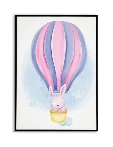 Plakat do pokoju dziecka. Grafika do ramki ze słodkim zajączkiem w balonie. pasuje do pokoju dziewczynki jak i dla chłopca.