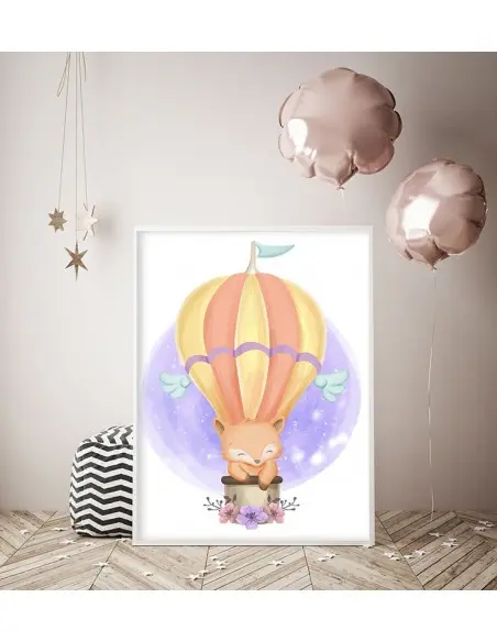 Plakat do pokoju dziecka. Grafika do ramki ze słodkim zajączkiem w balonie. pasuje do pokoju dziewczynki jak i dla chłopca.