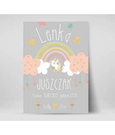metryczka dla dziecka z okazji narodzin w prostym stylu skandynawskim z tęczom i jednorożcem